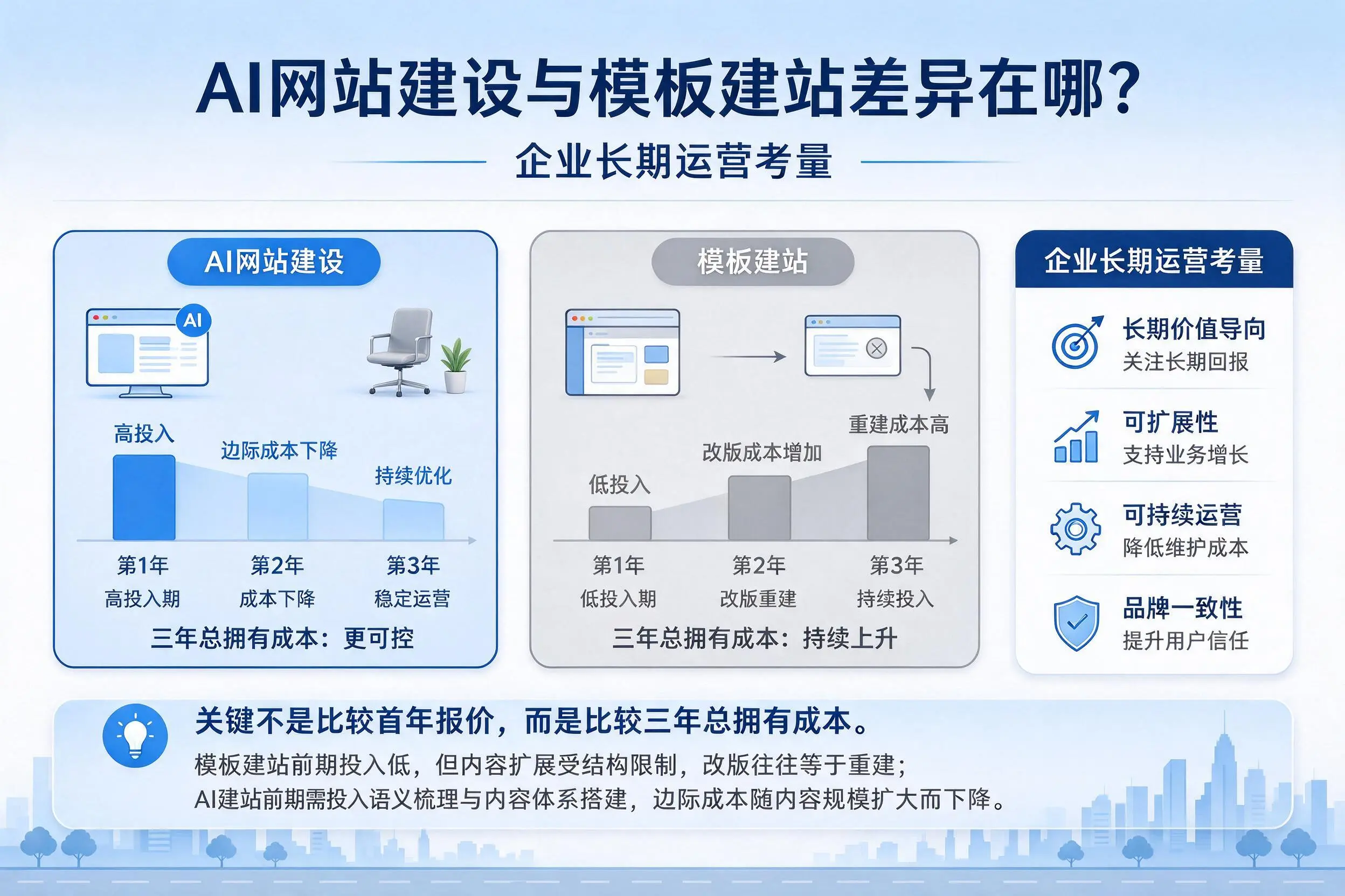 AI网站建设与模板建站差异在哪?佳木斯企业长期运营考量